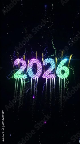 Vibrant Glowing 2026 Year Display with Colorful Bubble Particle Effects on Dark Background