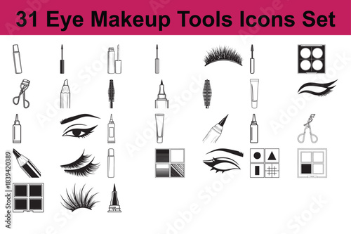 31 eye makeup tools icons set featuring mascara applicators pencils and cosmetic items outline style