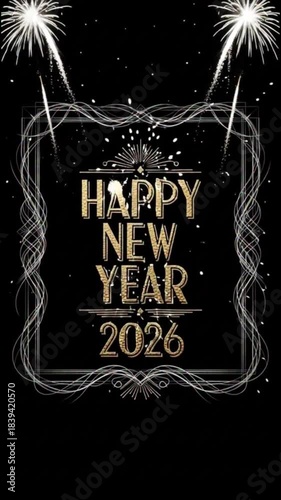 Elegant Happy New Year 2026 Greeting Card with Golden Text and Fireworks