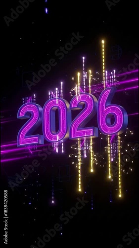 Futuristic Digital Year 2026 with Vibrant Purple Neon Glow and Circuit Board Elements