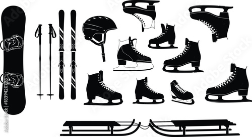 Winter sports equipment silhouette collection showing snowboard skis helmet ice skates sled and safety gear for cold outdoor adventure season