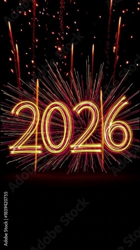 Vibrant Golden and Pink Light Painted 2026 Against a Dark Festive Background