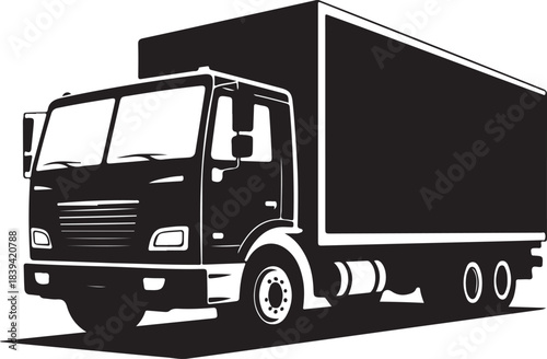 Black and white silhouette of a box truck with a cargo trailer transport delivery