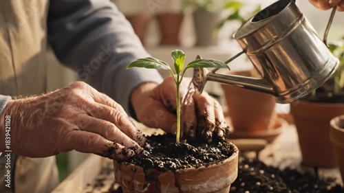 In a nursing home, two elderly people plant and water a small green seedling in a clay pot. The concept of leisure for the elderly