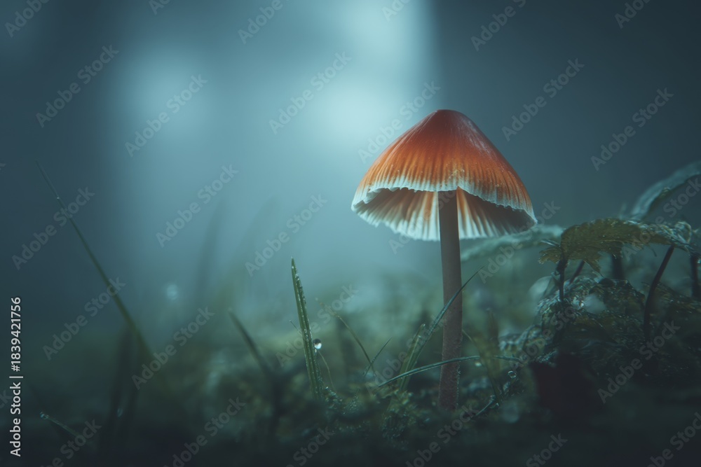 Fototapeta premium Single mushroom in foggy forest clearing