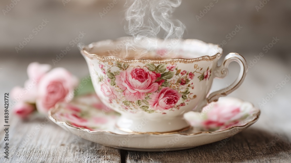 Fototapeta premium Steaming floral bone china teacup