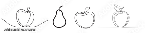 Simple line art illustrations depicting various apple shapes and a pear