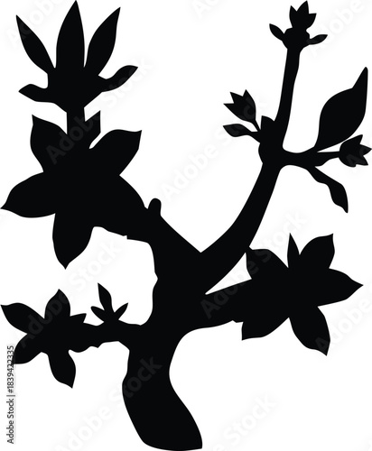 Elegant black silhouette of a delicate blooming branch adorned with opening flowers and developing buds