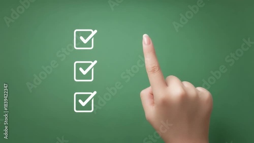 Hand Pointing at Checklist on Chalkboard Background with Three Checkmarks for Task Completion and Organization 4k video footage