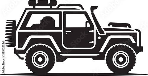  Silhouette of a rugged off-road vehicle with a spare tire and roof rack jeep all-terrain vehicle
