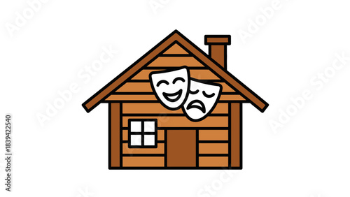 Theater House Illustration: A charming, quaint house illustration showcases theater masks, inviting viewers to explore the realms of drama and emotion.