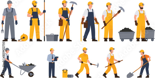 Construction worker and miner character vector set featuring tools, equipment, safety helmets, coal carts and various labor activities