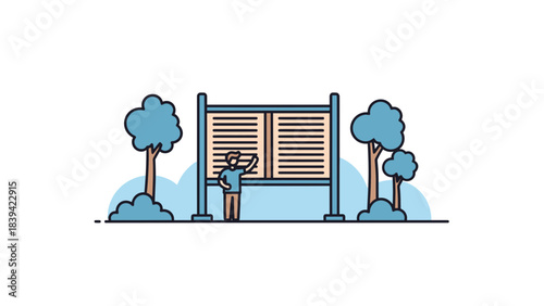 Reviewing Information: An individual examines a bulletin board, surrounded by nature's tranquility. The scene evokes a sense of introspection and information gathering.