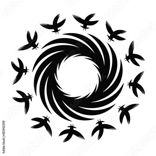 Black silhouette of swirling vortex with flying bird icon