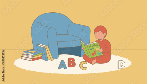 A cozy reading nook filled with alphabet books and plush letter toys where a child excitedly flips the pages of a bright illustrated alphabet book.
