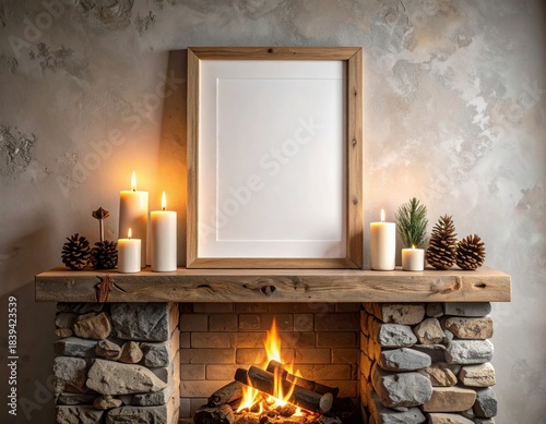 Cozy Fireplace Mantel With Blank Frame and Burning Fireplace And Candles