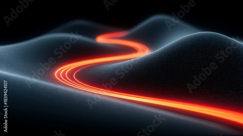 Black and orange road with a red line. The road is winding and he is a part of a video game