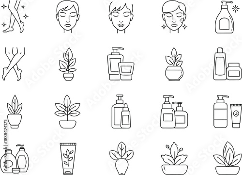 Collection of line art icons for skincare and beauty products including faces plants and bottles