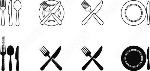 Collection of Outline and Silhouette Icons for Dining Utensils and Plates fork knife