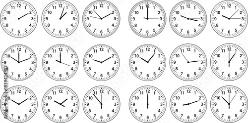 Fifteen analog clocks showing different times in a grid format watch hour