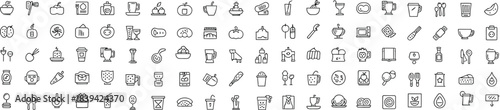 Hand drawn food and drink icons set with fruits vegetables and kitchen utensils vector