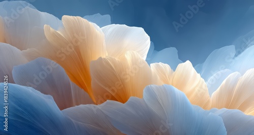 Blue sky with white clouds and orange flowers. The flowers are in the shape of leaves