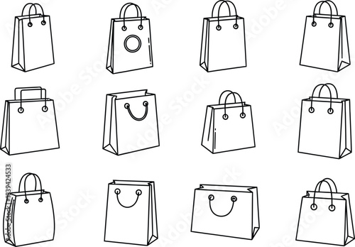 Twelve outline illustrations of shopping bags with handles in different perspectives paper bag