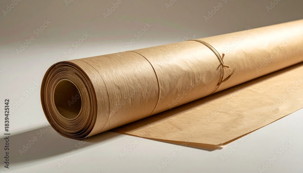 Fototapeta premium Roll Of Brown Kraft Paper With Perforated Edge On A White Surface