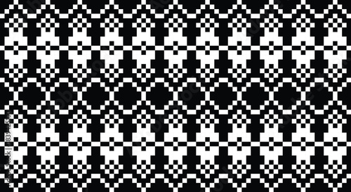 Black and White Pixelated Scandinavian Fair Isle Knitting Seamless Pattern Vector Graphic for Holiday Sweater, Textile, and Fabric Print Design