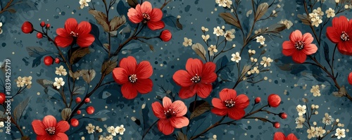 Dark blue vintage floral pattern with white and red blossoms and green leaves for textiles
