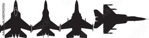Aviation combat jet silhouettes shown from multiple angles for military design and vector artwork