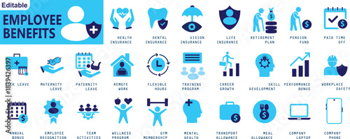 Employee Benefits Icon Set with Editable Vector Symbols for Health Insurance, Retirement Plan, Paid Leave, Wellness Program, Career Growth, Bonuses and Workplace Support