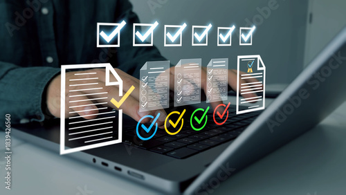 Businessman check virtual electronic documents and checklist approve.Business productivity checklist and filling survey form.Fast checklist and clipboard task management.