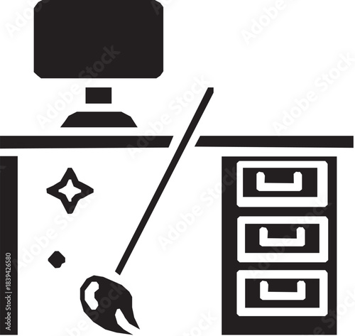 Cleaning Supplies Icon with Mop, Cloth, and Sparkling Table