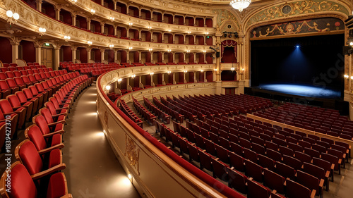 Elegant theater interior with red seats and stage lighting ready for performance  