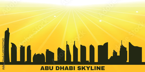 Stylized black silhouette panorama of Abu Dhabi on a bright yellow background with sunbeams