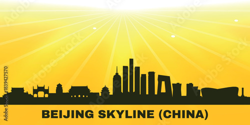 Stylized black silhouette panorama of Beijing on a bright yellow background with sunbeams