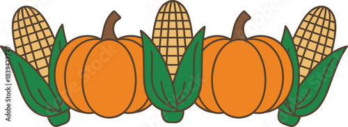 Autumn harvest border illustration with pumpkins and corn in simple flat style, fall season vegetable design for Thanksgiving decor