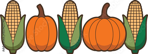 Autumn harvest border illustration with pumpkins and corn in simple flat style, fall season vegetable design for Thanksgiving decor