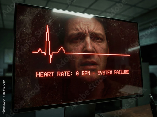 Computer monitor displaying a flatline heart rate graph with a reflection of a stressed worker's face, illustrating critical tech burnout and system failure.