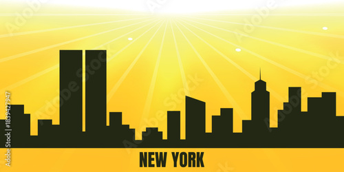 A retro-styled version of the New York skyline from before 2001, depicting the city with the Twin Towers.