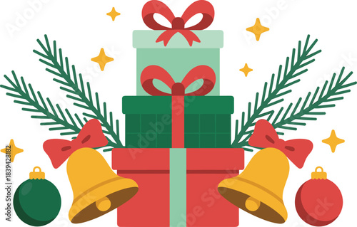 Christmas gifts illustration, holiday presents, festive boxes, Christmas decorations, bells, ornaments, pine branches, flat vector seasonal design