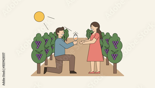 A scenic vineyard with one partner proposing amidst grapevines holding a glass of wine with the ring sparkling in the sunlight.
