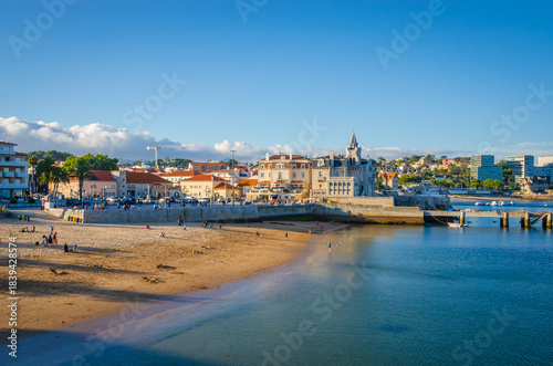 Beautiful coast of old  town Cascais, Portugal, at sunset in summer day