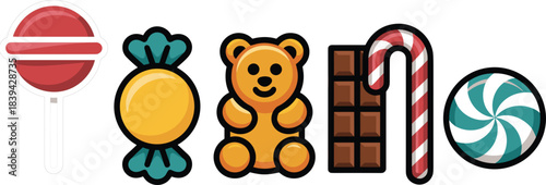 Colorful candy and sweets vector set featuring lollipop, wrapped candy, gummy bear, chocolate bar, candy cane, and peppermint for fun designs