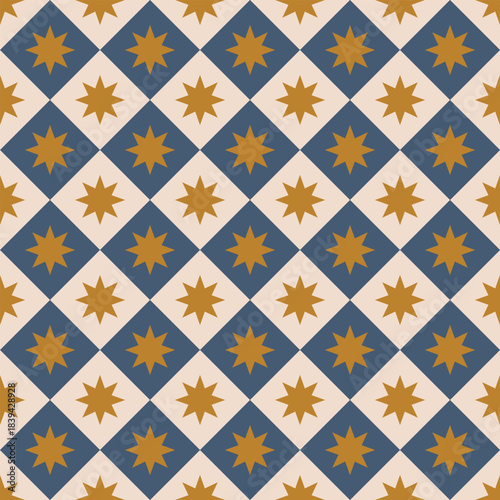 Seamless Geometric Star Pattern with Blue and Beige Diamonds