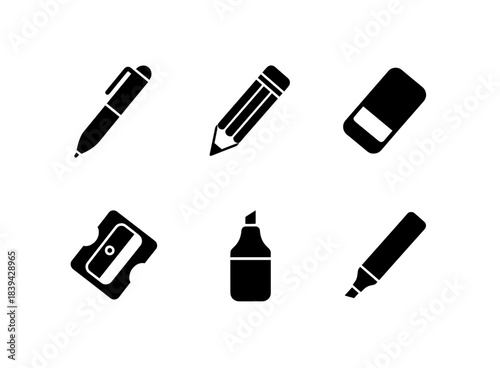 Pen Pencil Eraser Sharpener Marker Highlighter Minimal Black Fill Icon Set