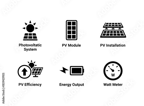 Photovoltaic System PV Module PV Installation PV Efficiency Energy Output Watt Measurement Icon Set