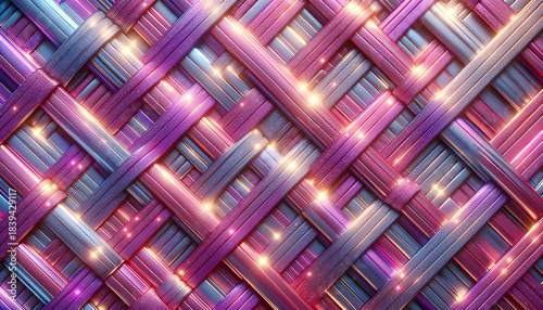 Glossy pink purple and silver ribbons are tightly woven in a crisscross pattern with glowing highlights creating a luminous intricate and modern abstract textured background