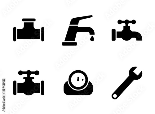 Pipe Faucet Tap Valve Water Meter Pipe Wrench Minimal Black Fill Icon Set